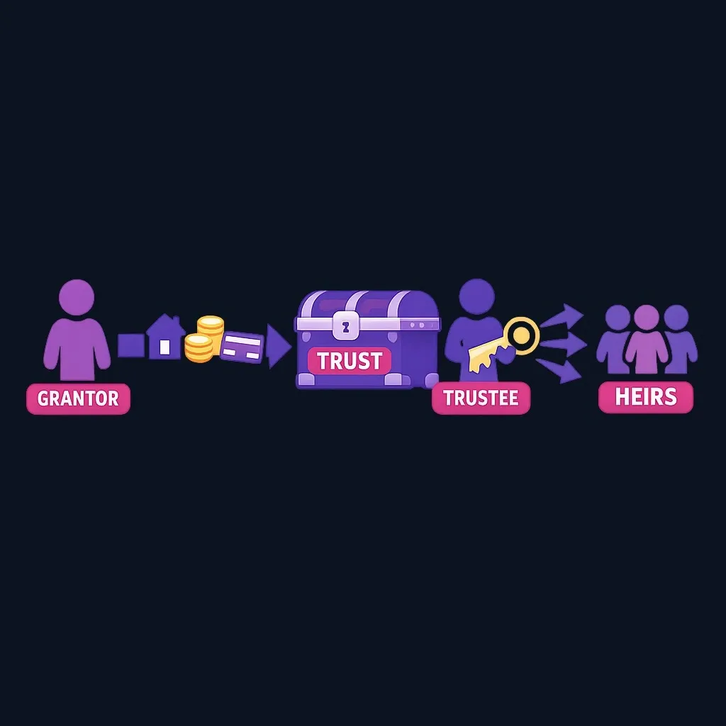 Diagram of a trust: grantor moves assets into a trust box managed by a trustee, which then flow to beneficiaries