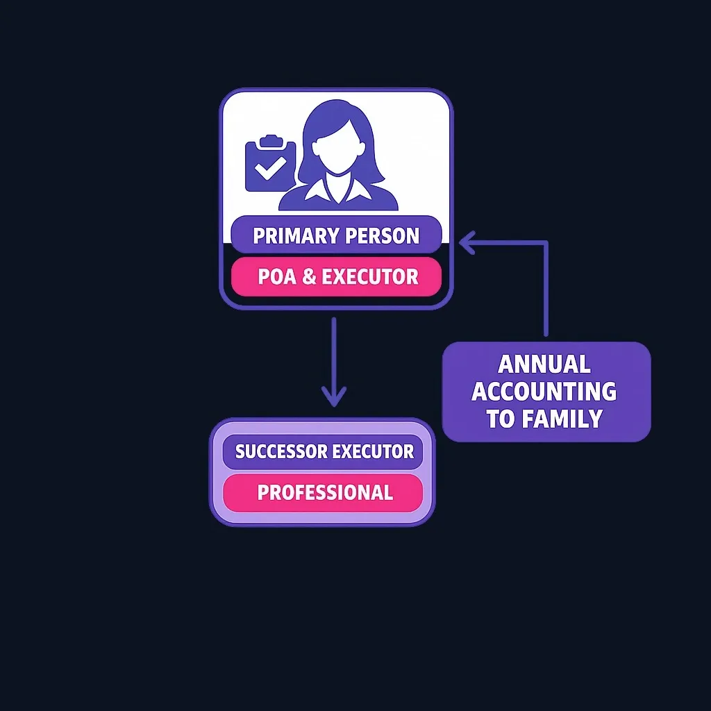 Diagram showing example estate plan structure with primary person, successor, and oversight mechanism