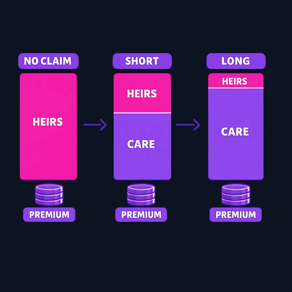 Three bars showing how a hybrid policy's value splits between care benefits and death benefit with no claim, a short claim, and a long claim