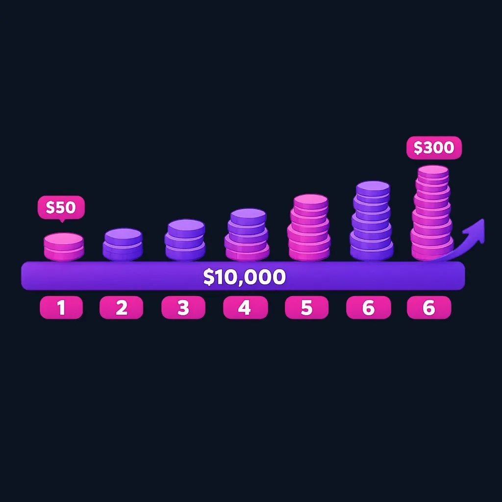 Six-month timeline showing interest growing by about $50 per month to $300 on a $10,000 loan