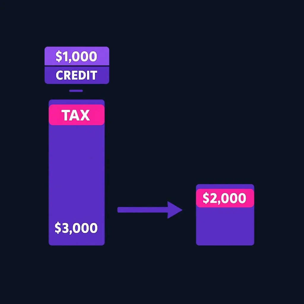 Diagram of a $3,000 tax bill reduced by a $1,000 credit to $2,000