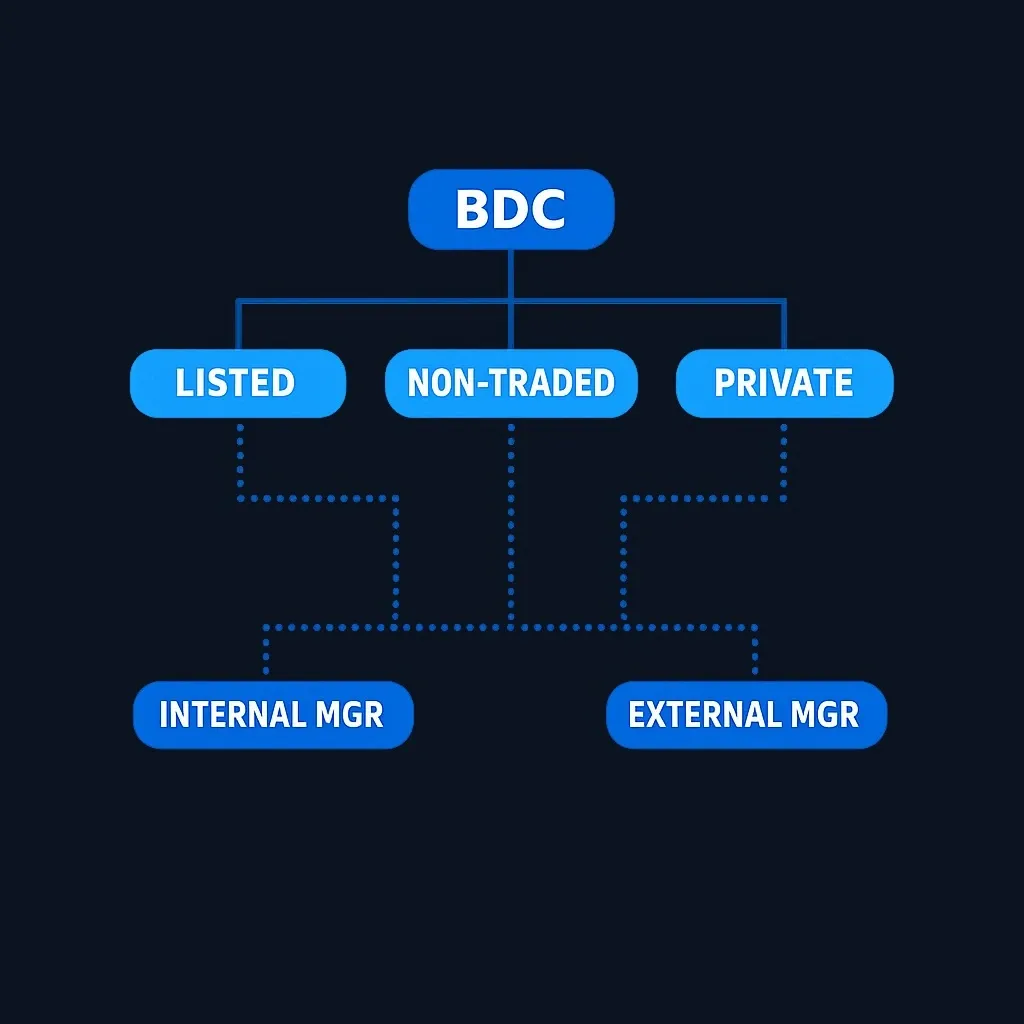Taxonomy diagram showing BDC types and management structures