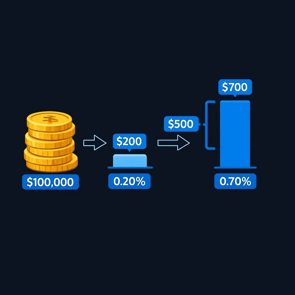 Bar chart comparing a $200 annual fee at 0.20% with a $700 fee at 0.70% on a $100,000 account, showing a $500 gap