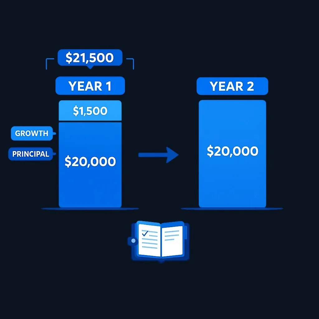 Diagram showing a $20,000 Year 1 conversion growing to $21,500, split into $20,000 principal and $1,500 growth, next to a separate $20,000 Year 2 rung.