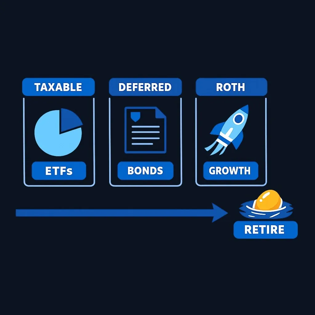Three account columns labeled TAXABLE, DEFERRED and ROTH holding ETFs, bonds and growth stocks respectively.