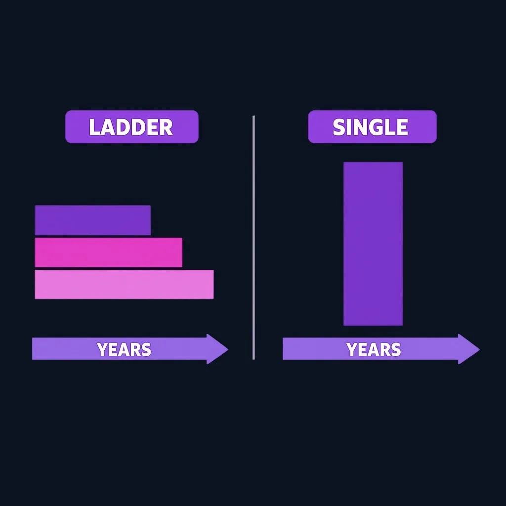 Diagram of three stacked term policies ending at different times next to one level policy