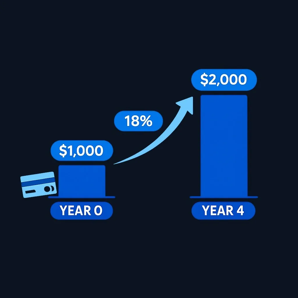 Debt balance doubling from $1,000 to about $2,000 in 4 years at 18% interest