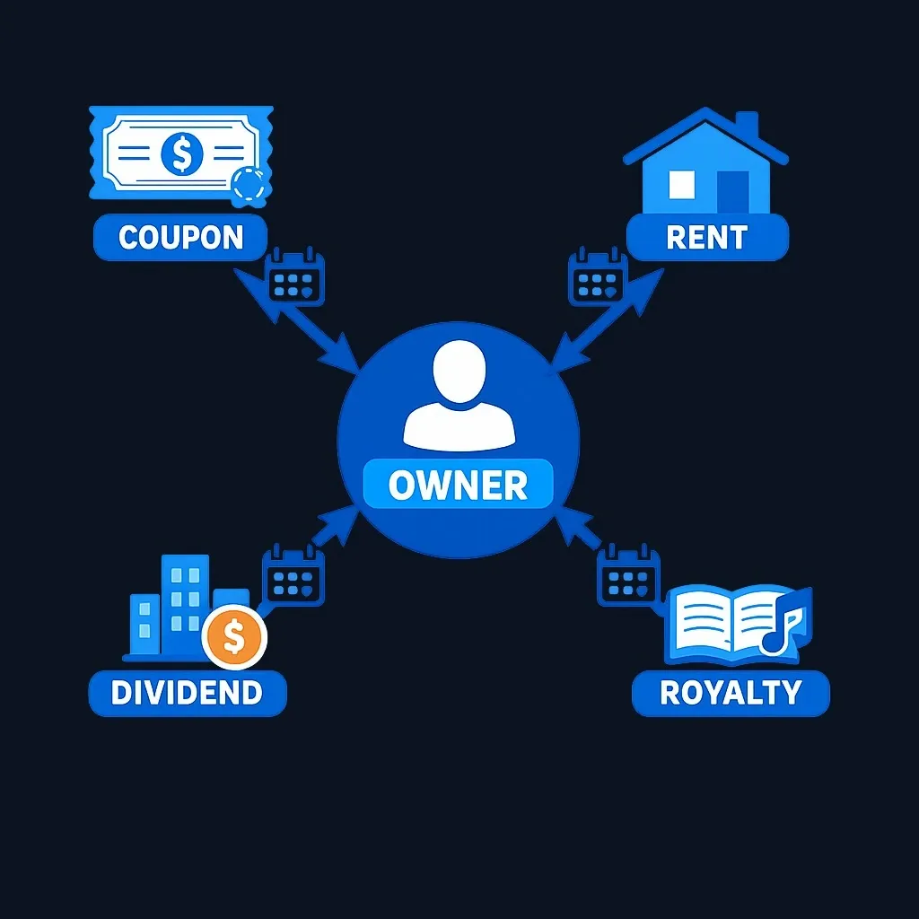 Diagram of an owner receiving four income streams labeled coupon, rent, dividend and royalty.