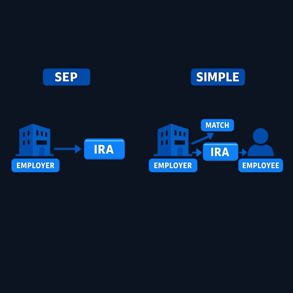 Diagram comparing money flows into a SEP IRA from the employer only and into a SIMPLE IRA from both employee and employer