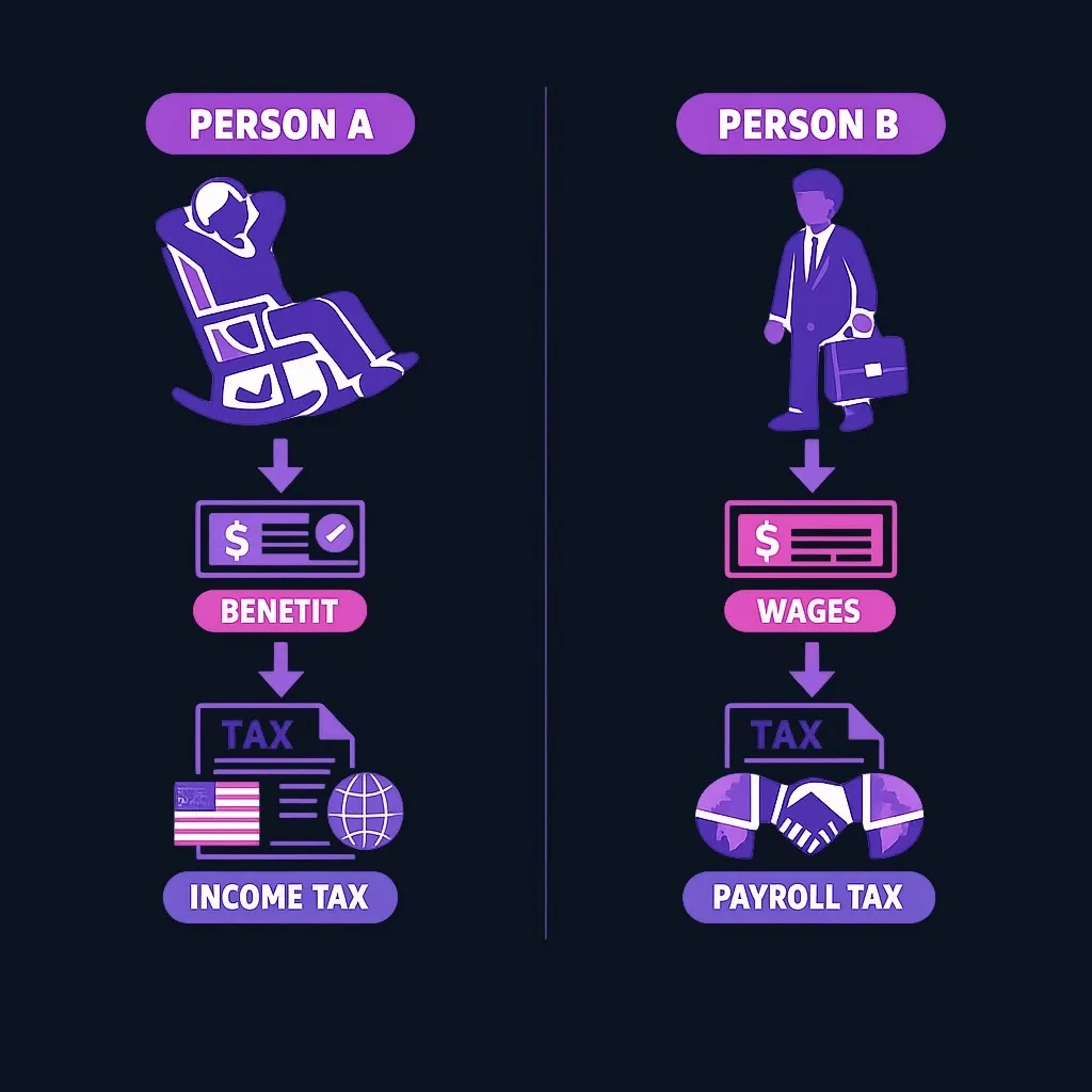 Side-by-side comparison of a retiree abroad facing benefit income tax and a worker abroad facing payroll tax