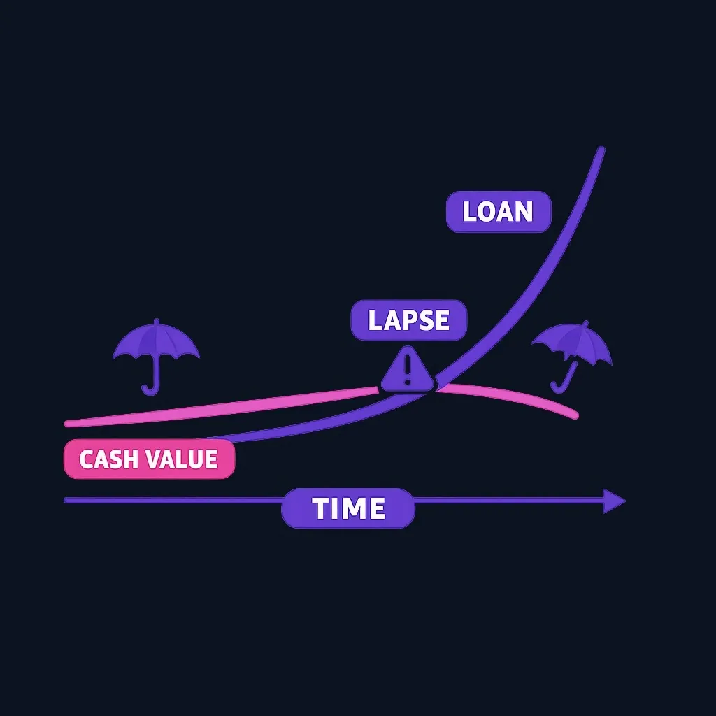 Chart of a rising loan balance line meeting the cash value line at a point marked lapse.