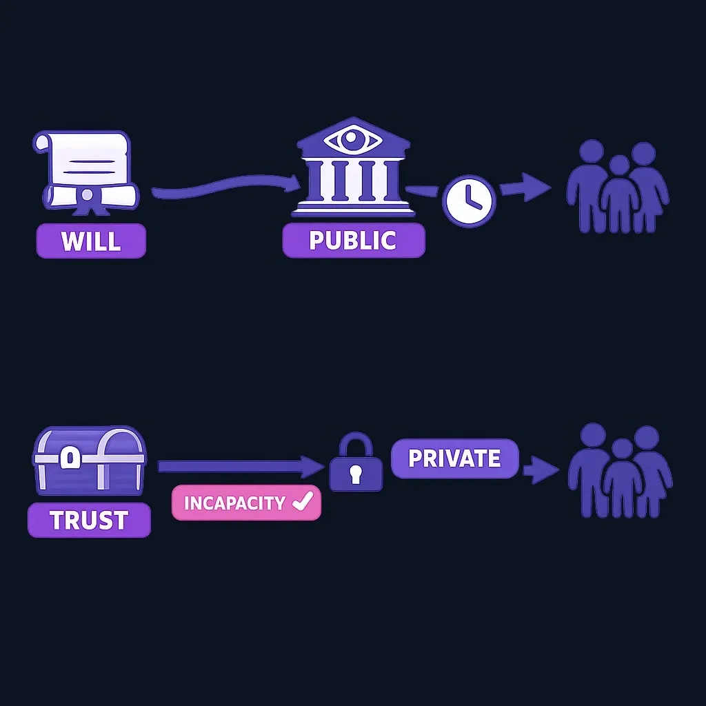 Side-by-side comparison of a will path through a courthouse and a trust path going directly to heirs