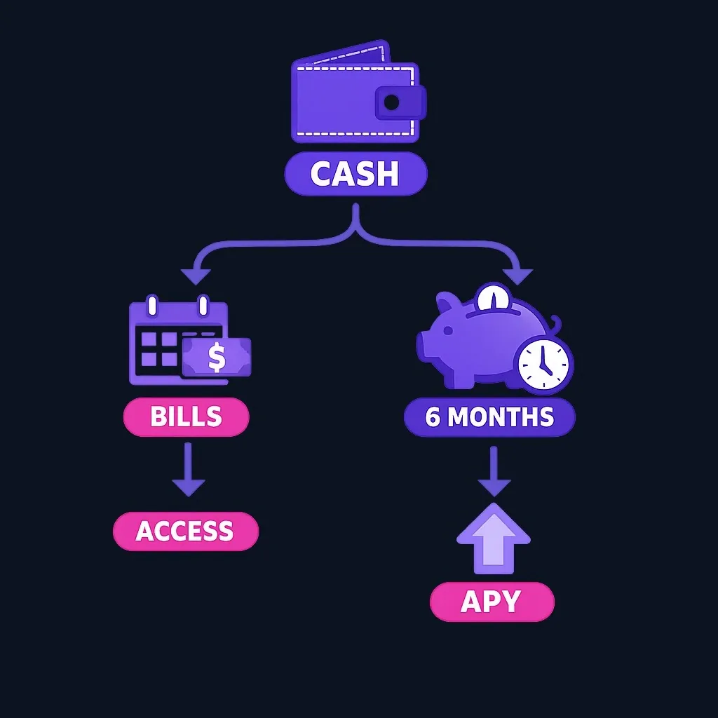 Decision diagram splitting cash into a bills path that favors access and a savings cushion path that favors APY