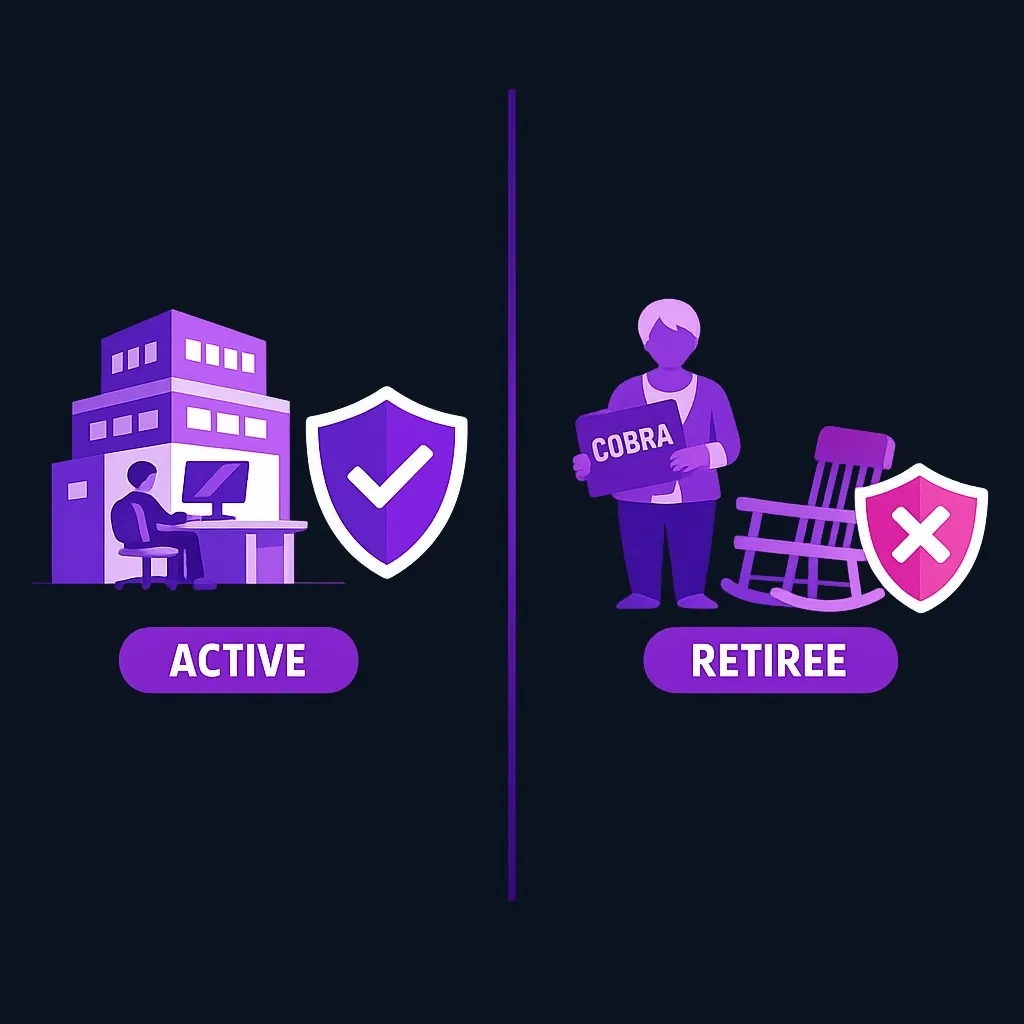Comparison showing active employer coverage with a protection shield and COBRA or retiree coverage without it