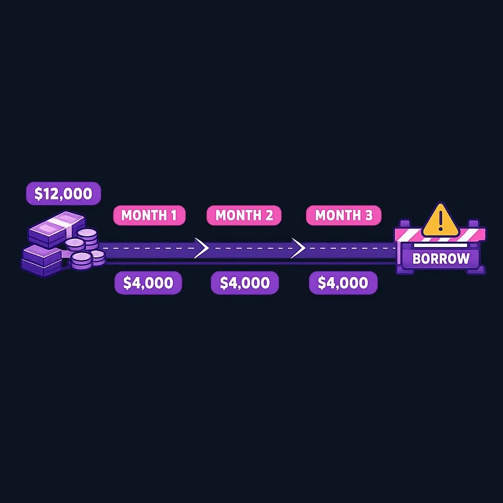 Timeline showing $12,000 split into three monthly blocks of $4,000 each, ending at a warning marker