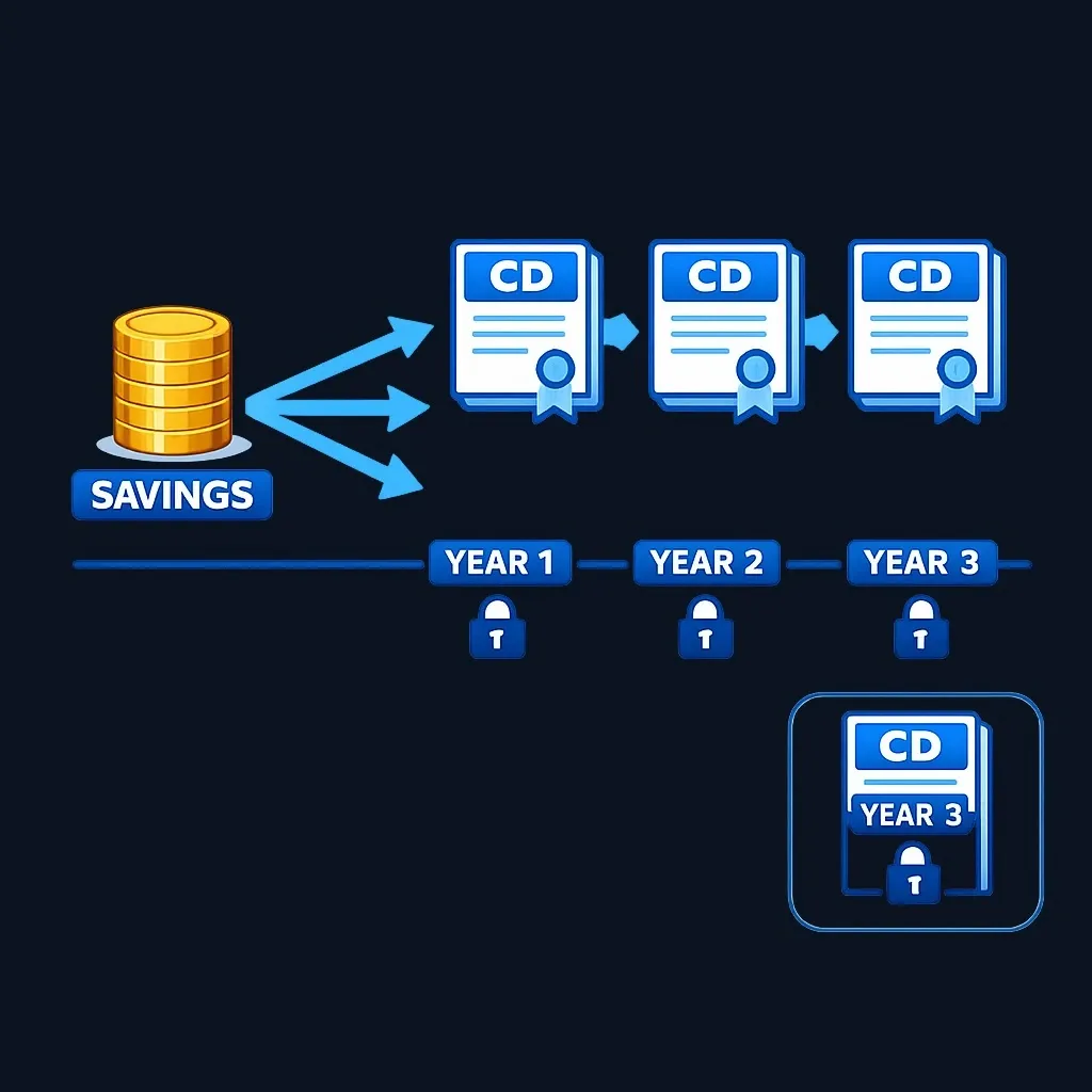 Savings split into three CDs maturing at year 1, year 2 and year 3 on a timeline