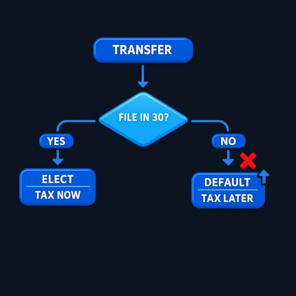Flowchart showing missed deadline leading to default tax treatment at vesting