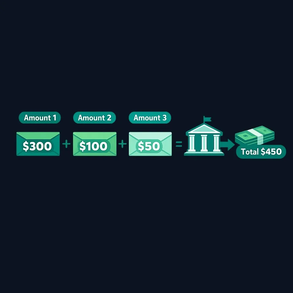 Diagram of three envelope amounts added together into a $450 bank withdrawal