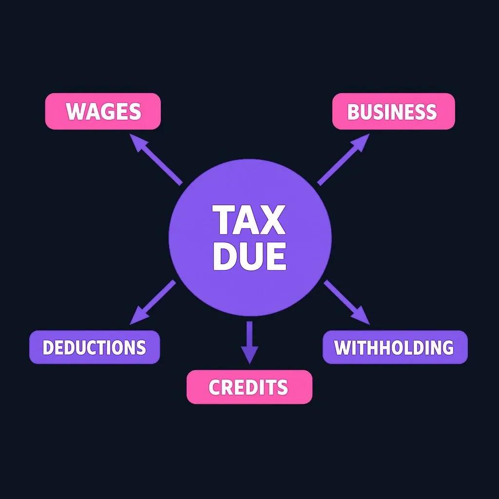Diagram showing multiple income sources and factors flowing into final tax calculation