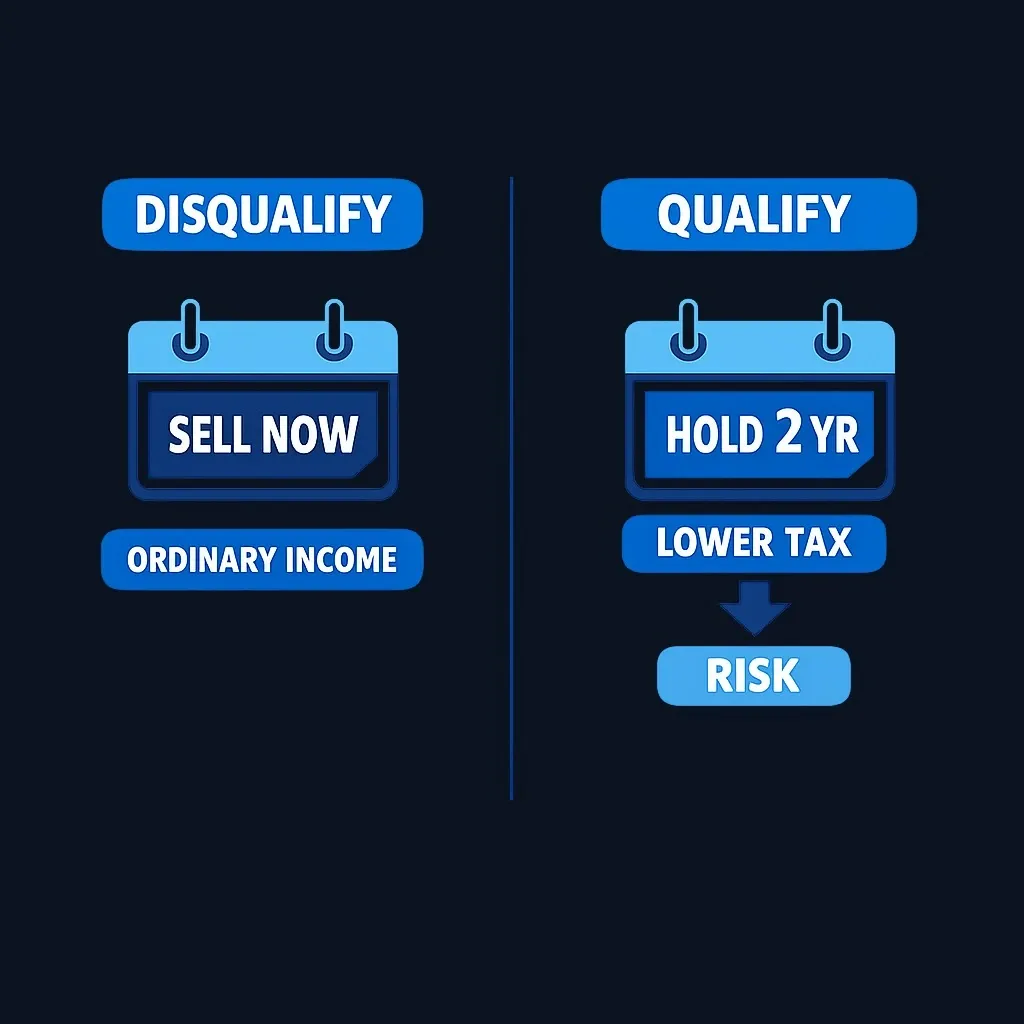 Side-by-side comparison of disqualifying disposition (immediate sale, ordinary income) versus qualifying disposition (hold two years, different tax formula)