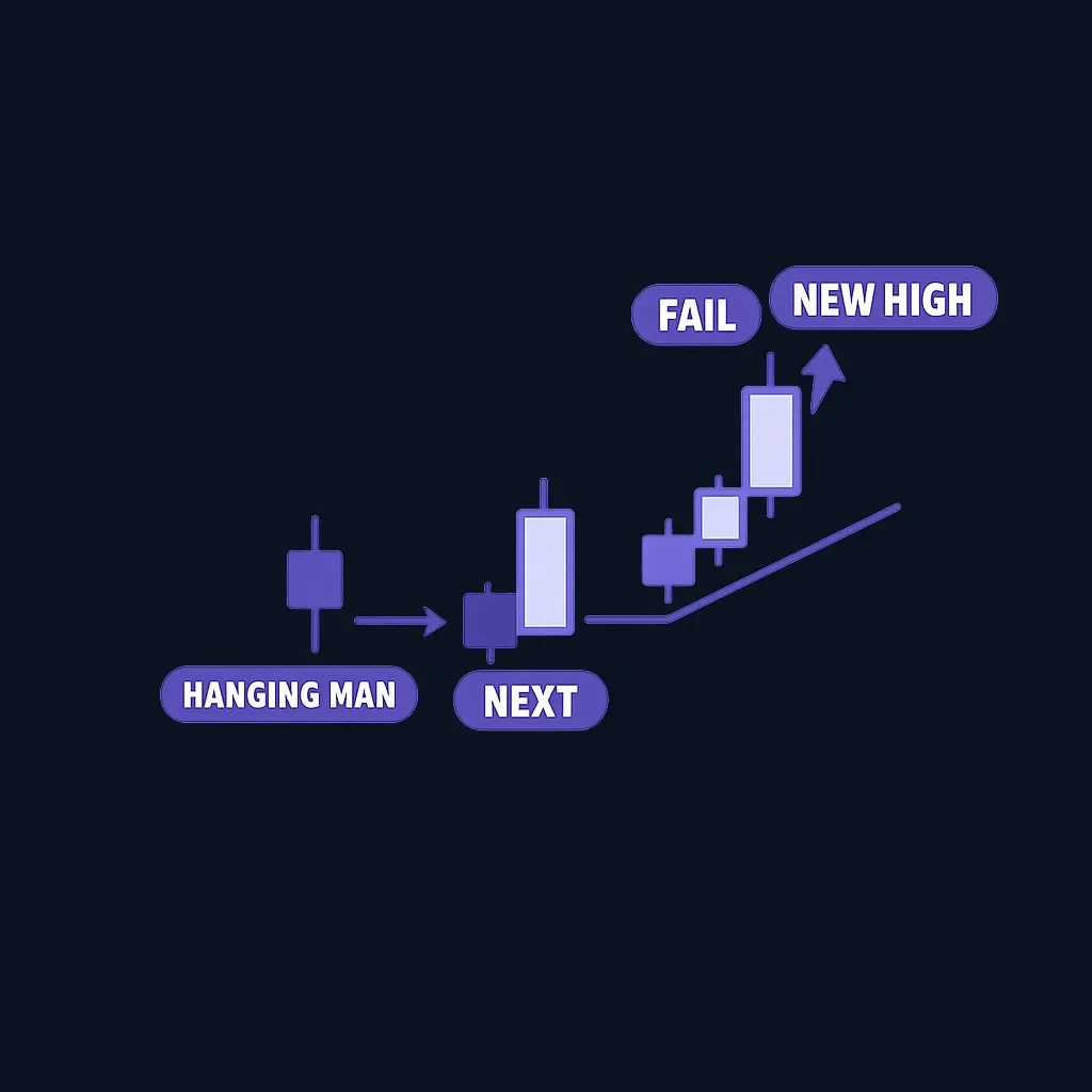 Chart example showing hanging man pattern that failed when next candle made new highs