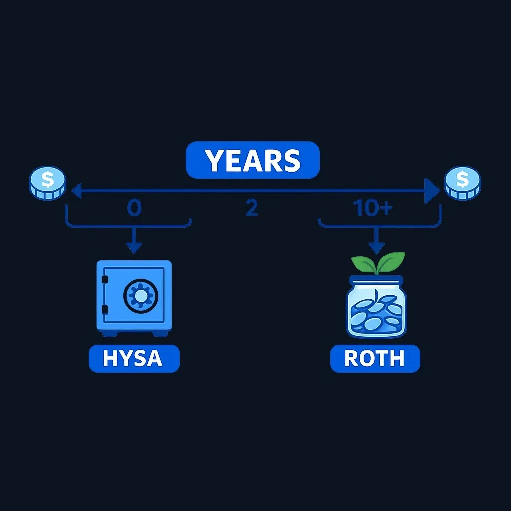 Timeline showing near-term money going to an HYSA and money needed after 10+ years going to a Roth IRA