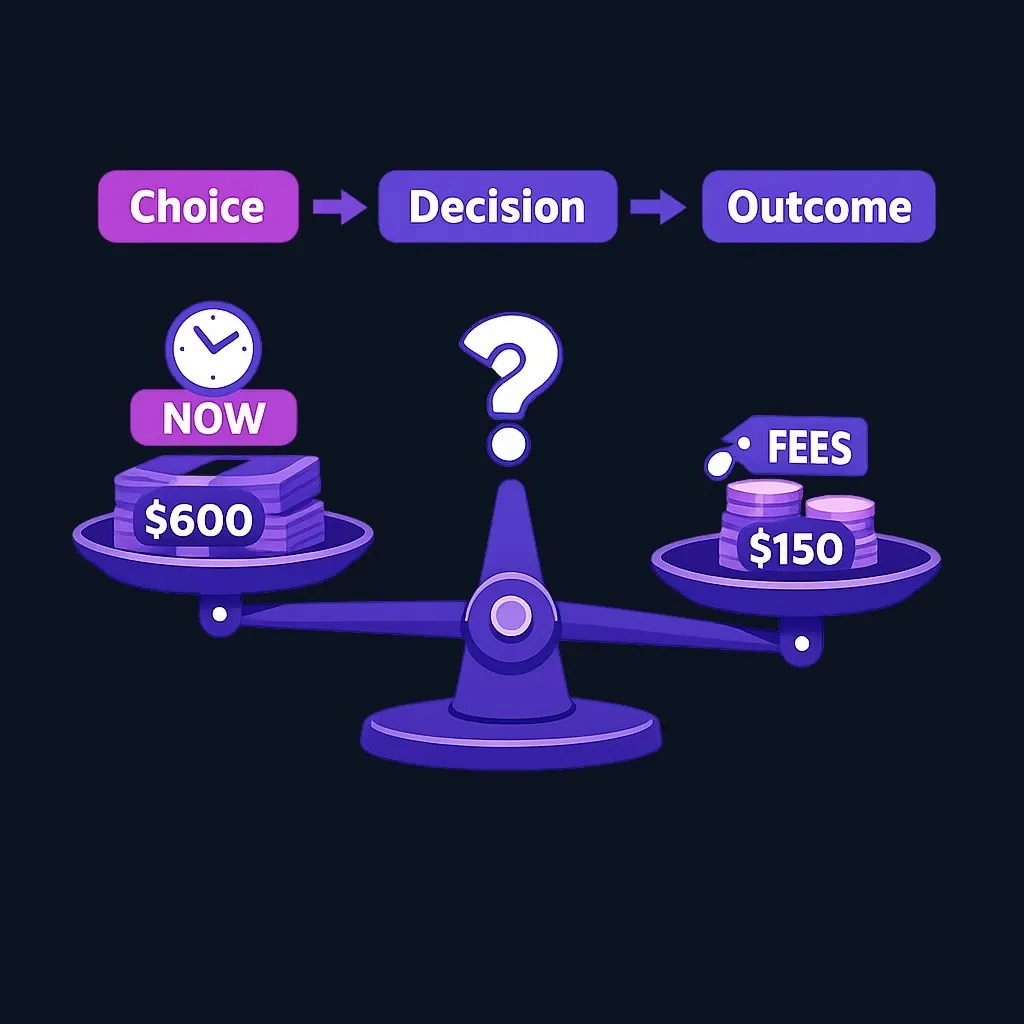 Balance scale weighing $600 received early against $150 in extra fees