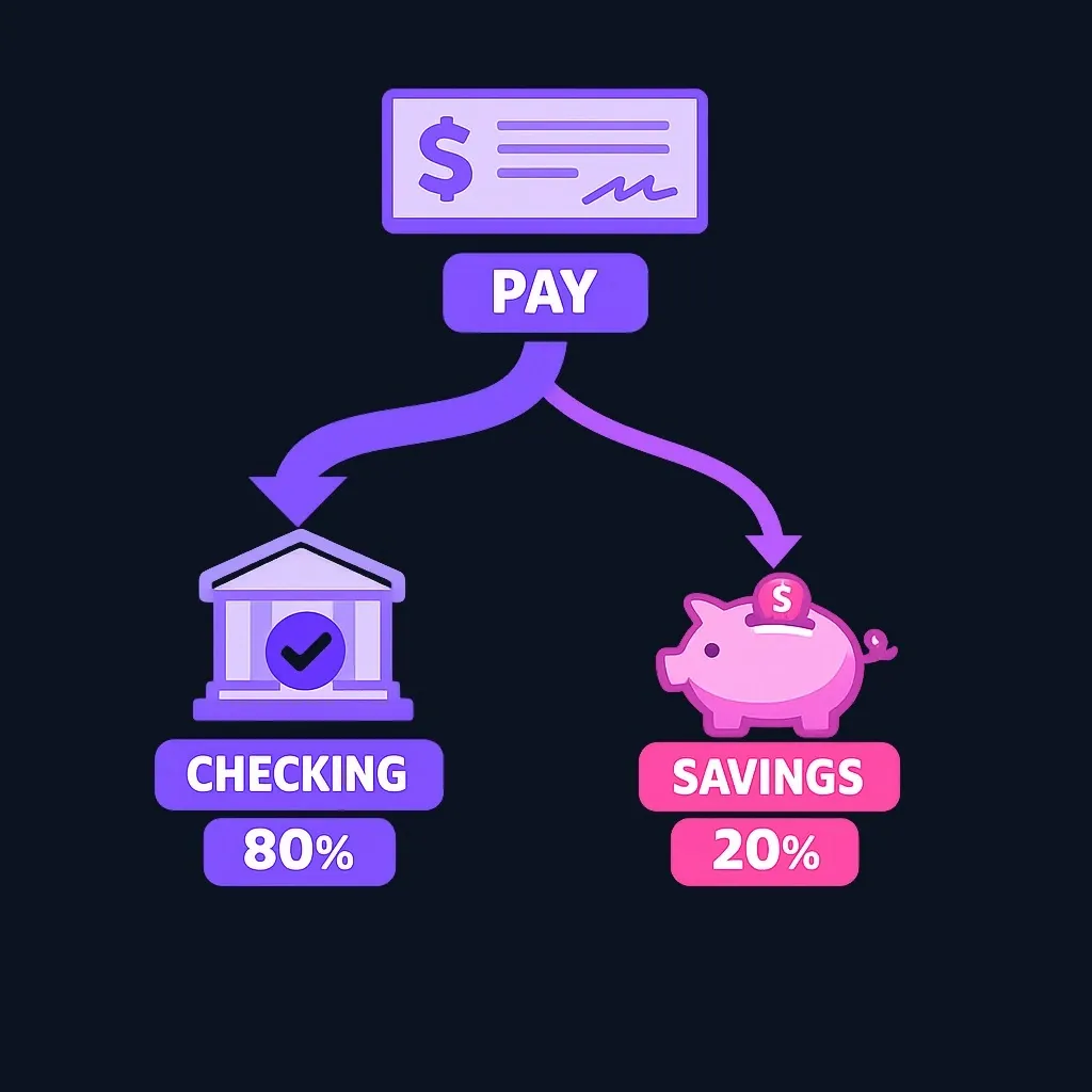 A paycheck split with 80 percent going to checking and 20 percent going to savings