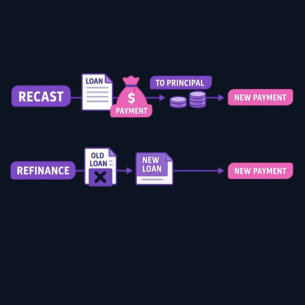 Diagram showing recast as modification of existing loan versus refinance as complete loan replacement