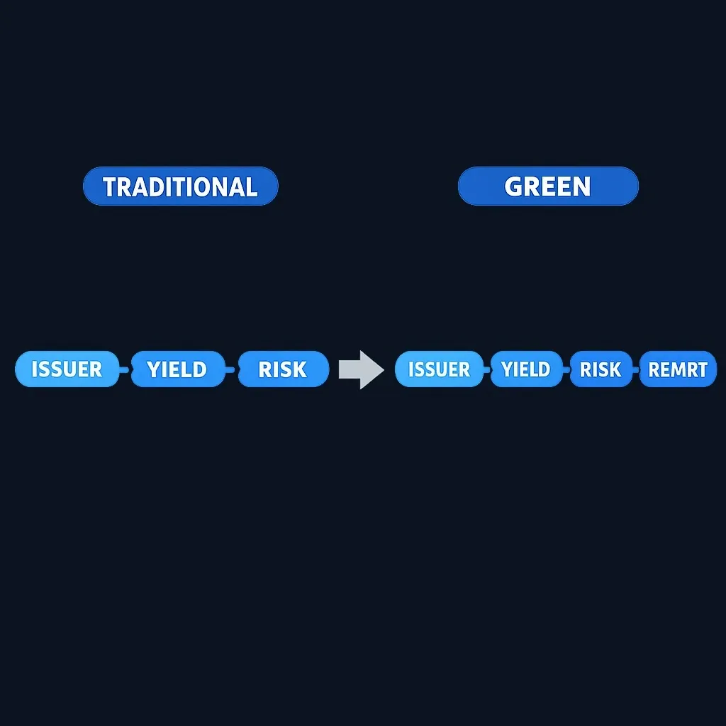 Side-by-side comparison showing traditional bond analysis versus green bond analysis with added sustainability review layer