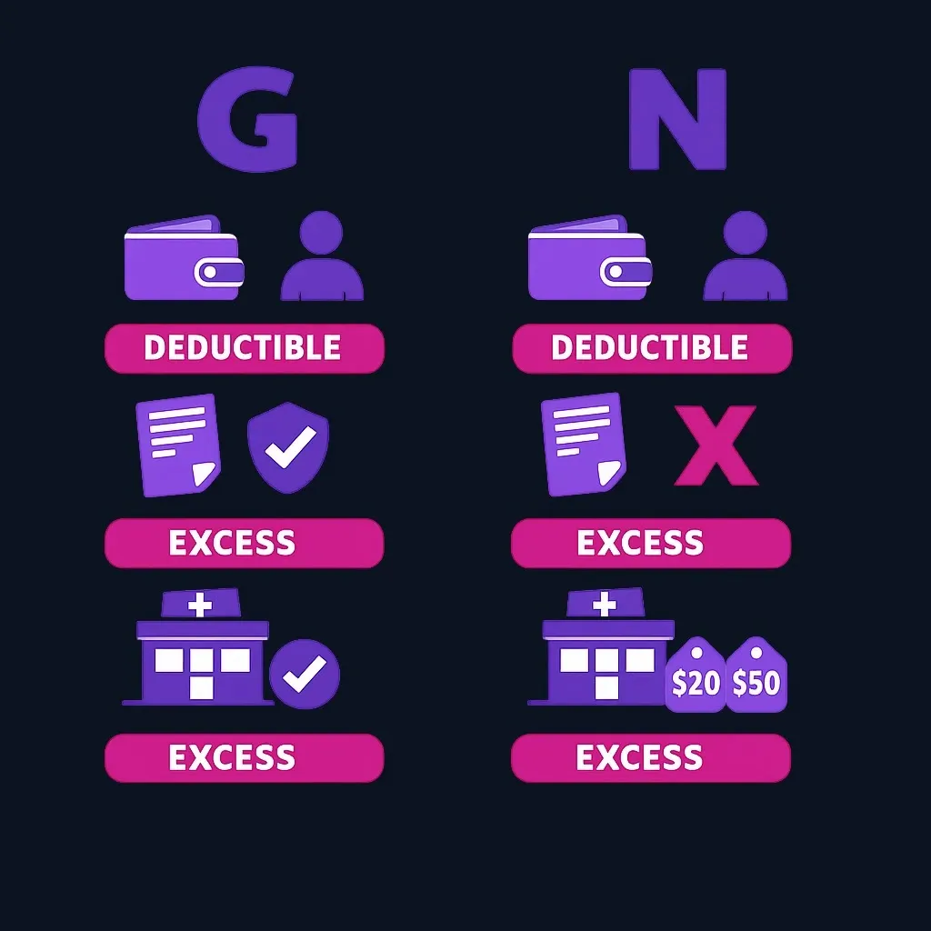 Side-by-side comparison of Plan G and Plan N showing who pays the deductible, excess charges, and visit copays.