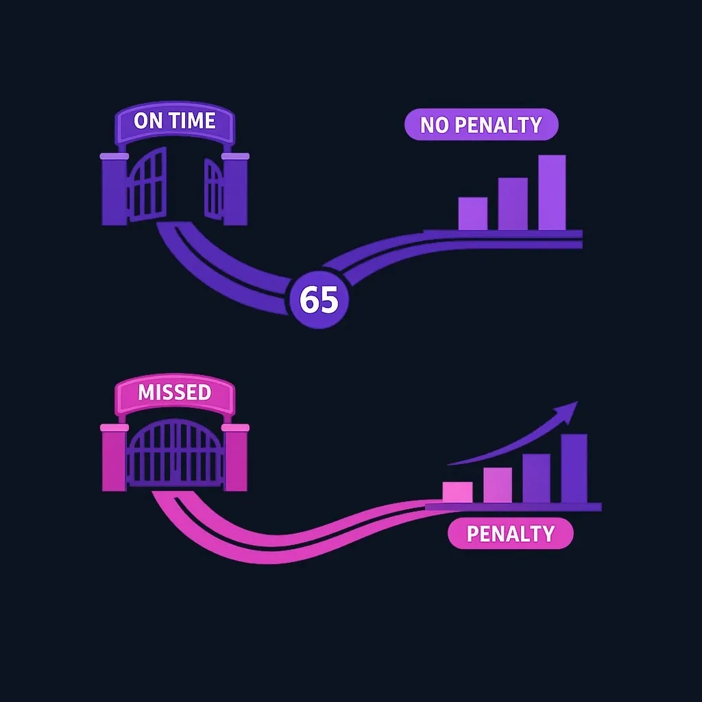 Two paths: enrolling on time keeps premiums level, while missing the window leads to a rising premium