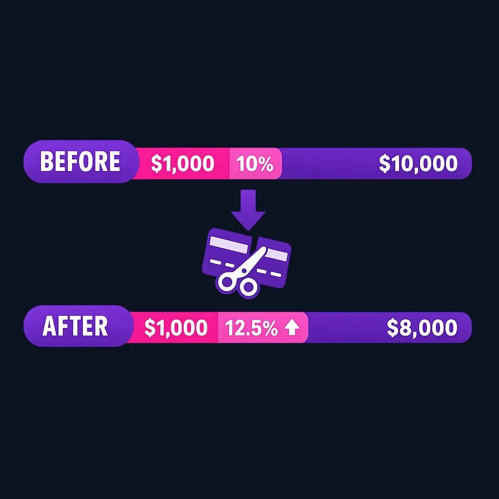 Two bars comparing 10% utilization before closing a card and 12.5% after.