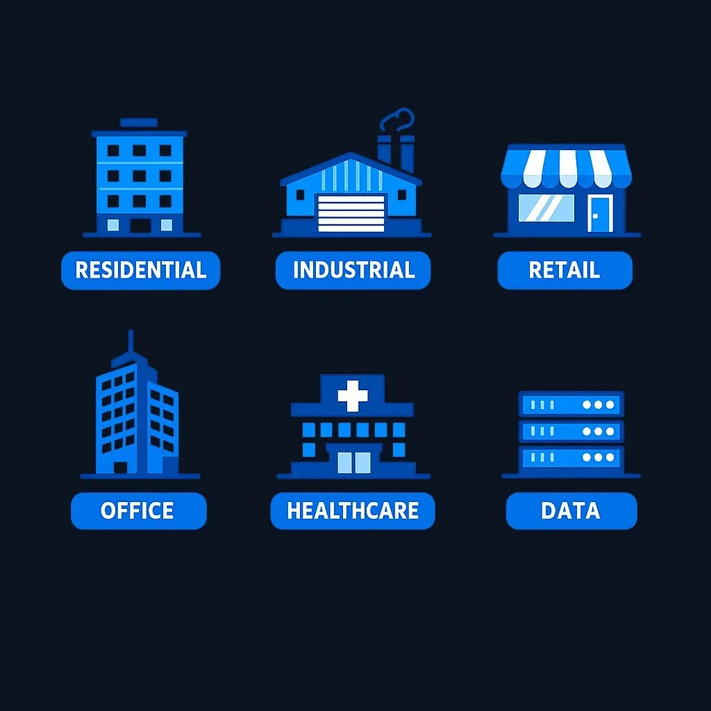Diagram showing six REIT property sectors with simple building icons