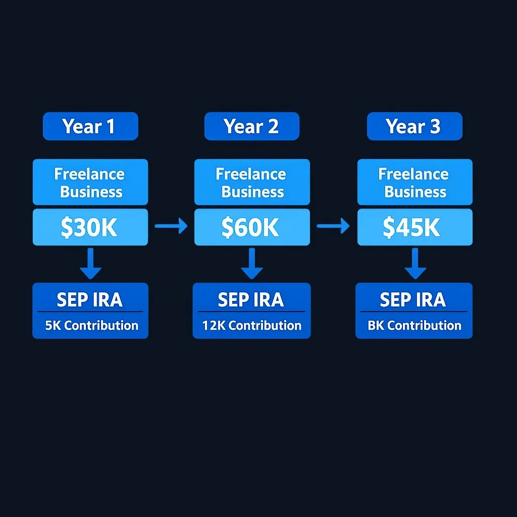 Diagram showing SEP IRA simple contribution flow for a freelancer with variable income