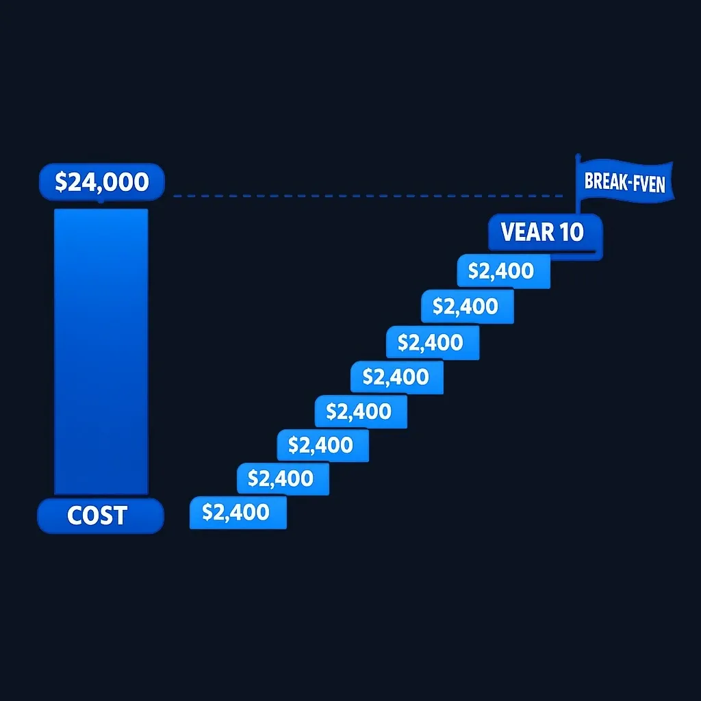 Bar chart showing $2,400 yearly additions reaching the $24,000 cost at year 10