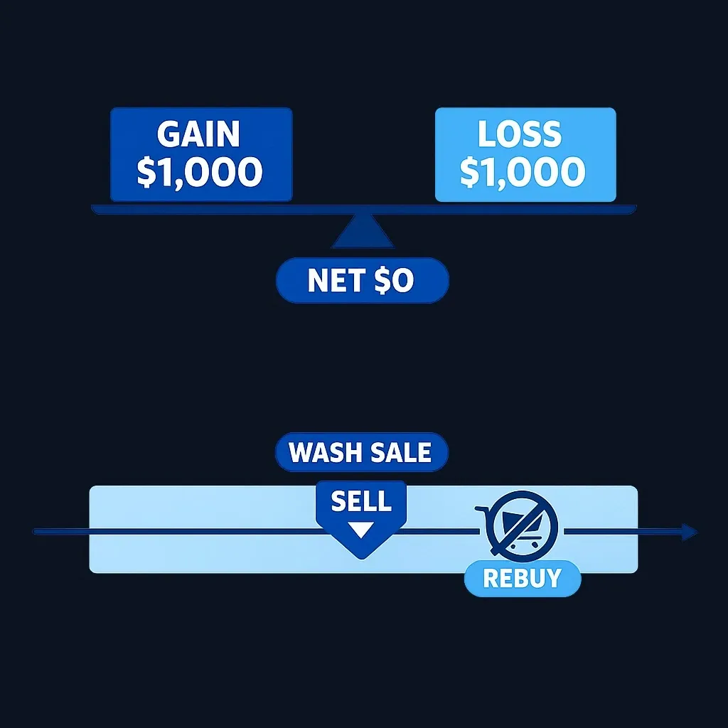 A $1,000 gain and a $1,000 loss balancing on a scale to net zero, with a timeline showing a blocked wash-sale window.