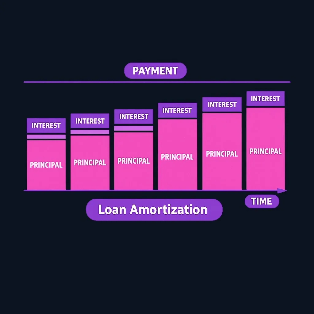 Stacked bars of equal height showing interest portion shrinking and principal portion growing over the loan term