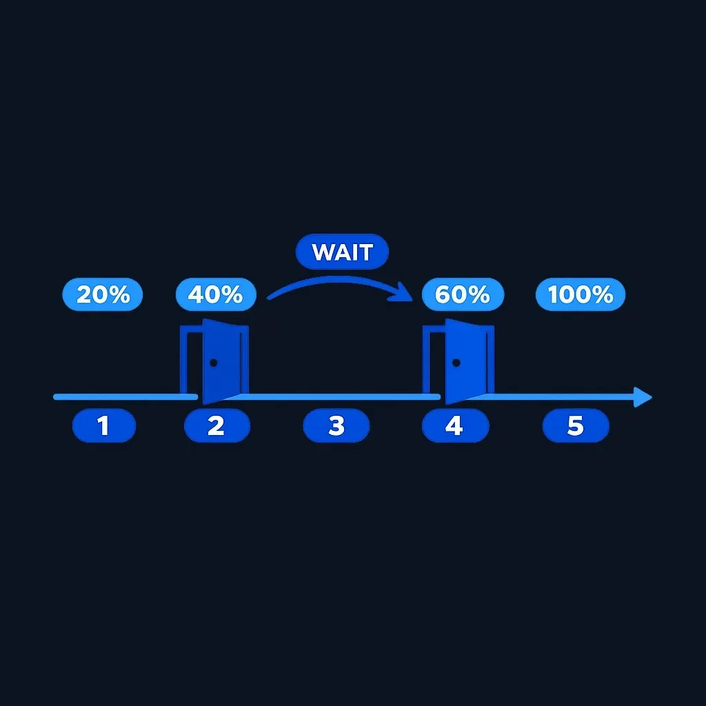 Timeline showing that leaving just before a vesting date keeps 40% while leaving just after keeps 60%.