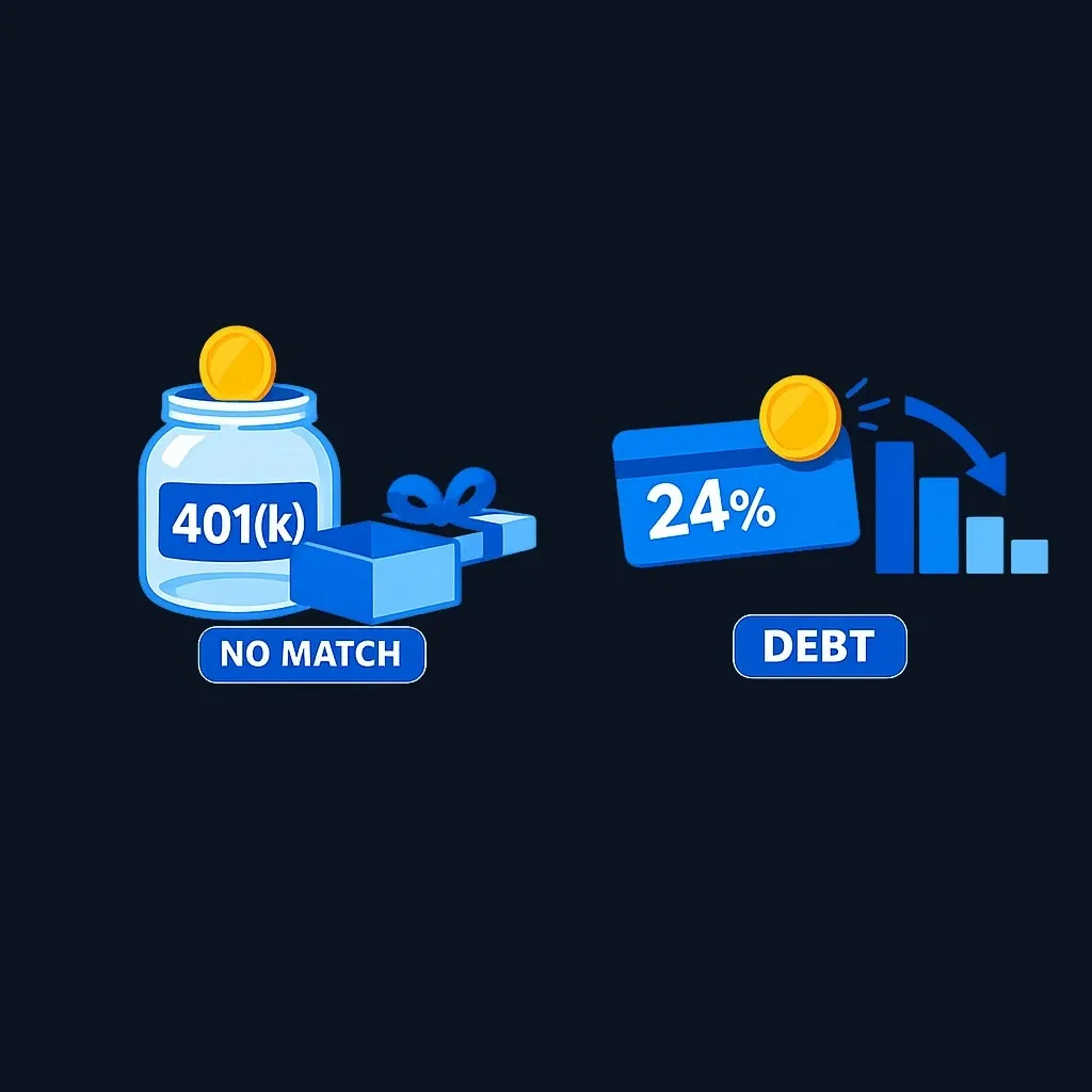 Side-by-side comparison of an extra unmatched 401(k) dollar and a dollar paying down 24% card debt
