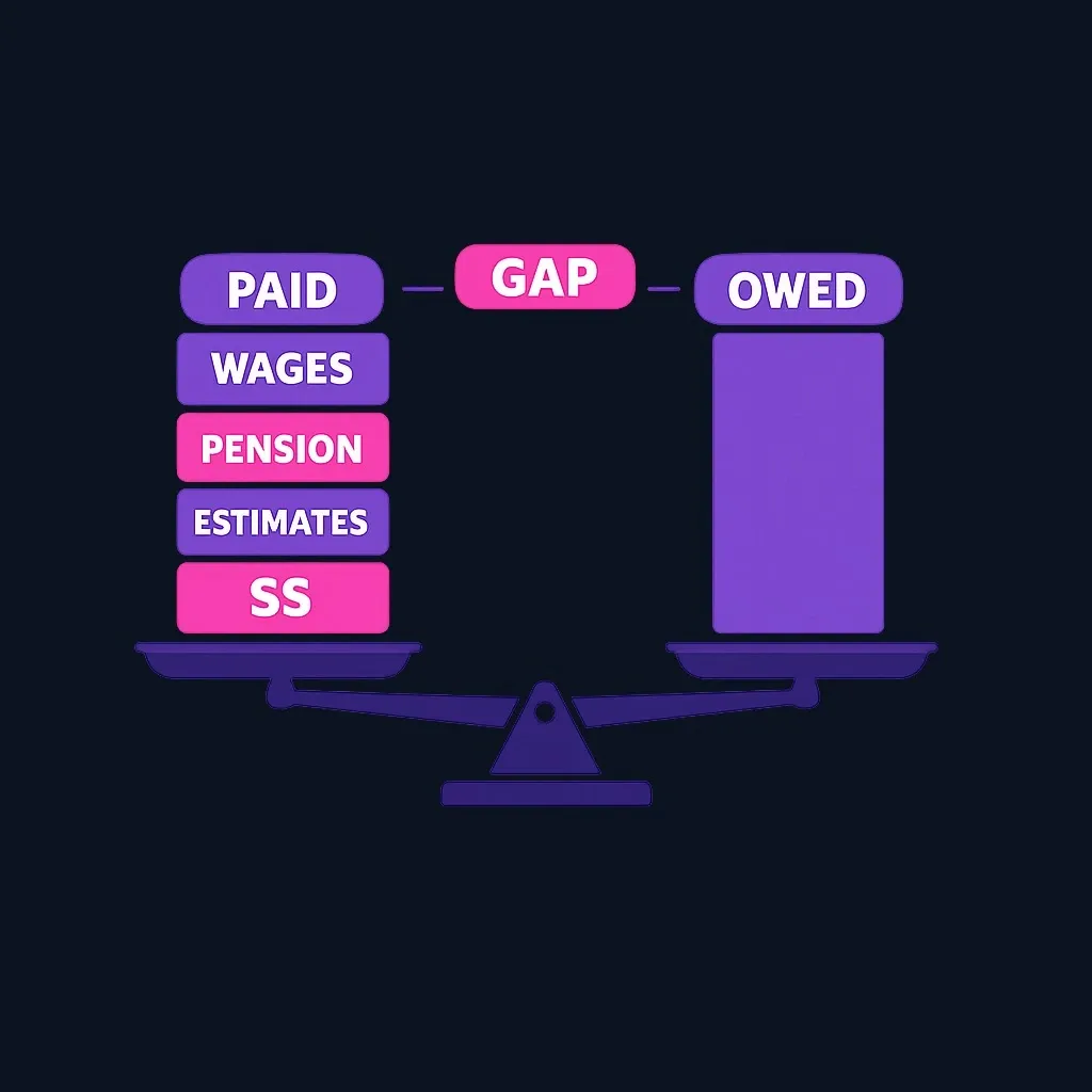 Diagram showing wages, pension, estimated payments and Social Security withholding stacking into a total that is compared against the annual tax owed