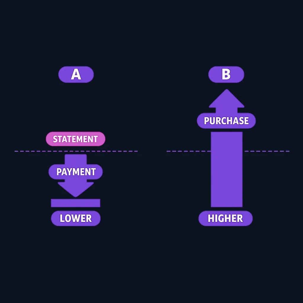 Two panels comparing the current balance dropping below and rising above the statement balance