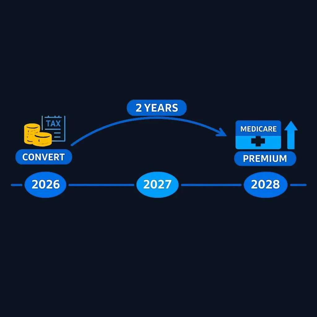 Timeline showing a 2026 Roth conversion linked by a curved arrow to a Medicare premium effect in 2028