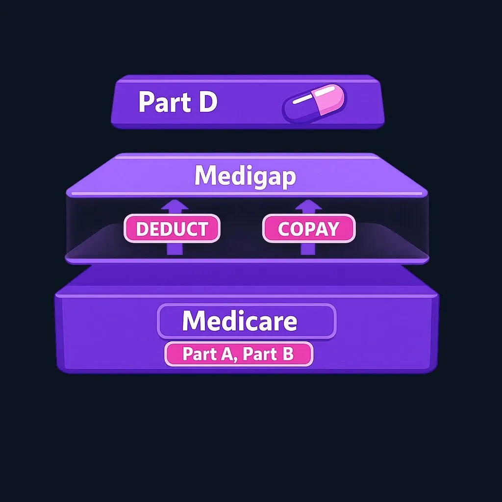 Diagram showing Original Medicare Part A and Part B as foundation, with Medigap policy filling gaps in cost sharing, and separate Part D plan covering prescriptions