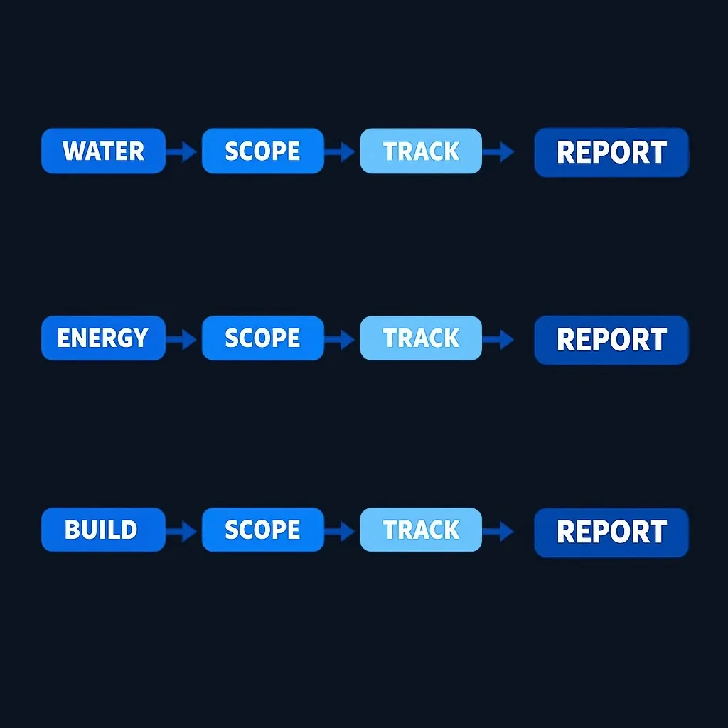 Three example green bond projects showing common evaluation pattern from scope to reporting