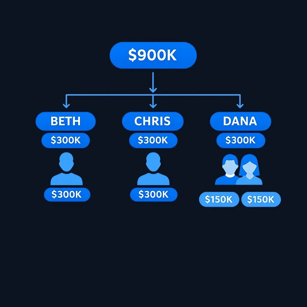 Per stirpes distribution example showing $900,000 estate split across three family branches with different outcomes