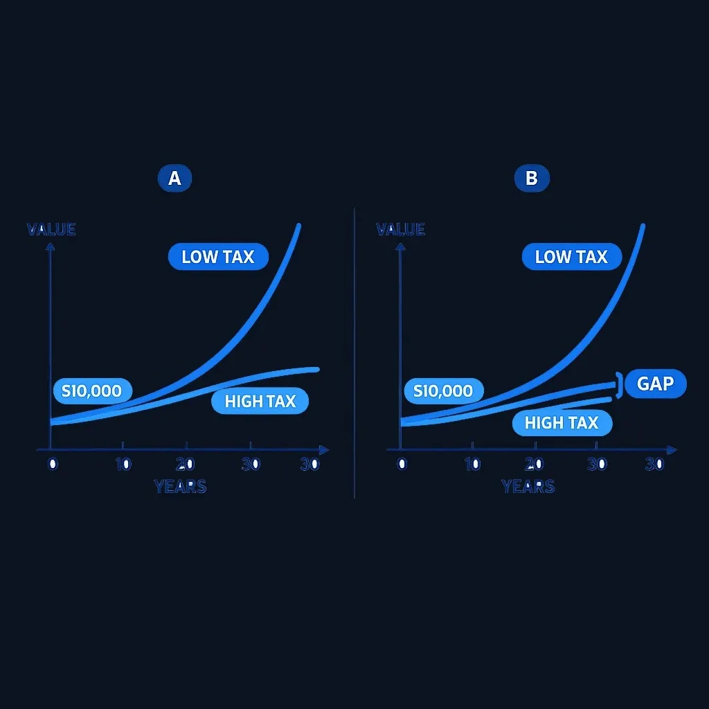 Two growth curves over 30 years, the upper one labeled LOW TAX ending higher than the lower one labeled HIGH TAX.