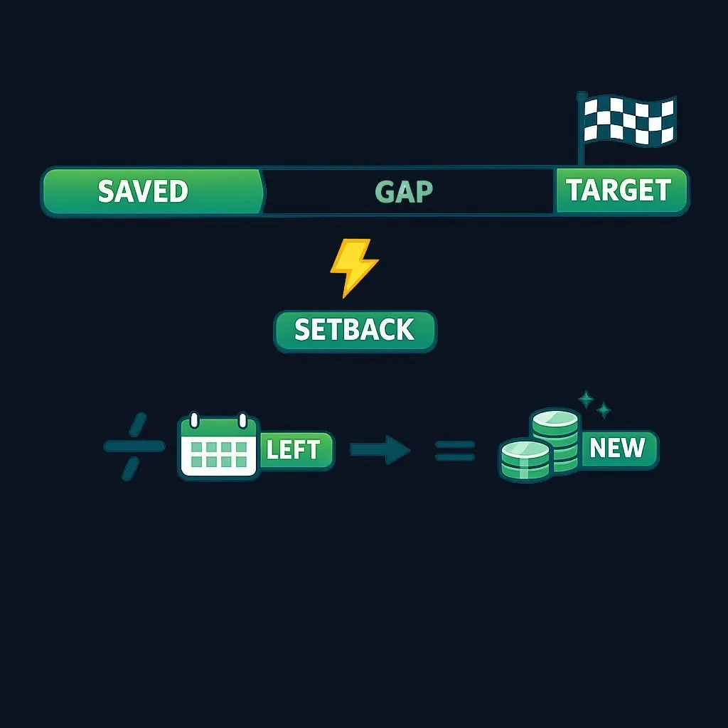 Progress bar partly filled after a setback, with the remaining gap divided across remaining months into a new monthly amount