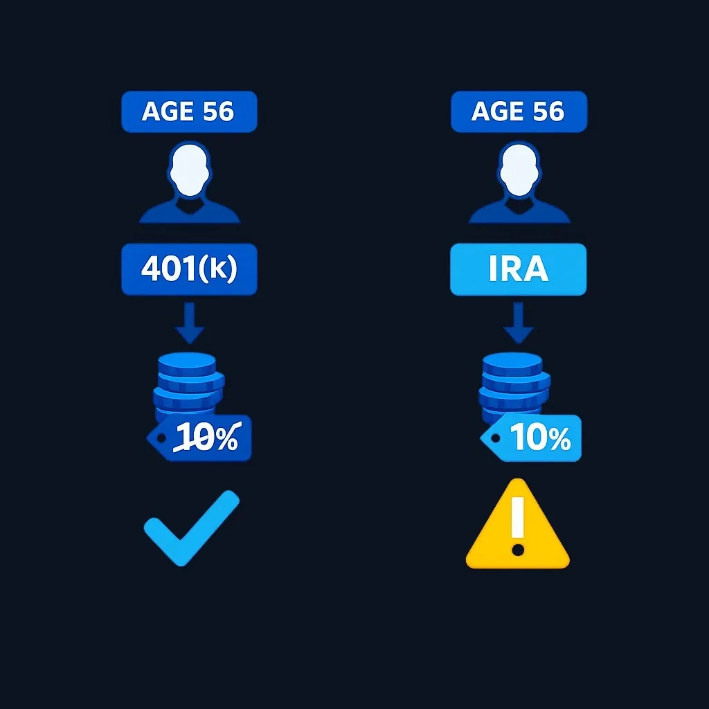 Side-by-side comparison showing a withdrawal at age 56 from a 401(k) without the 10% penalty and from an IRA with the 10% penalty
