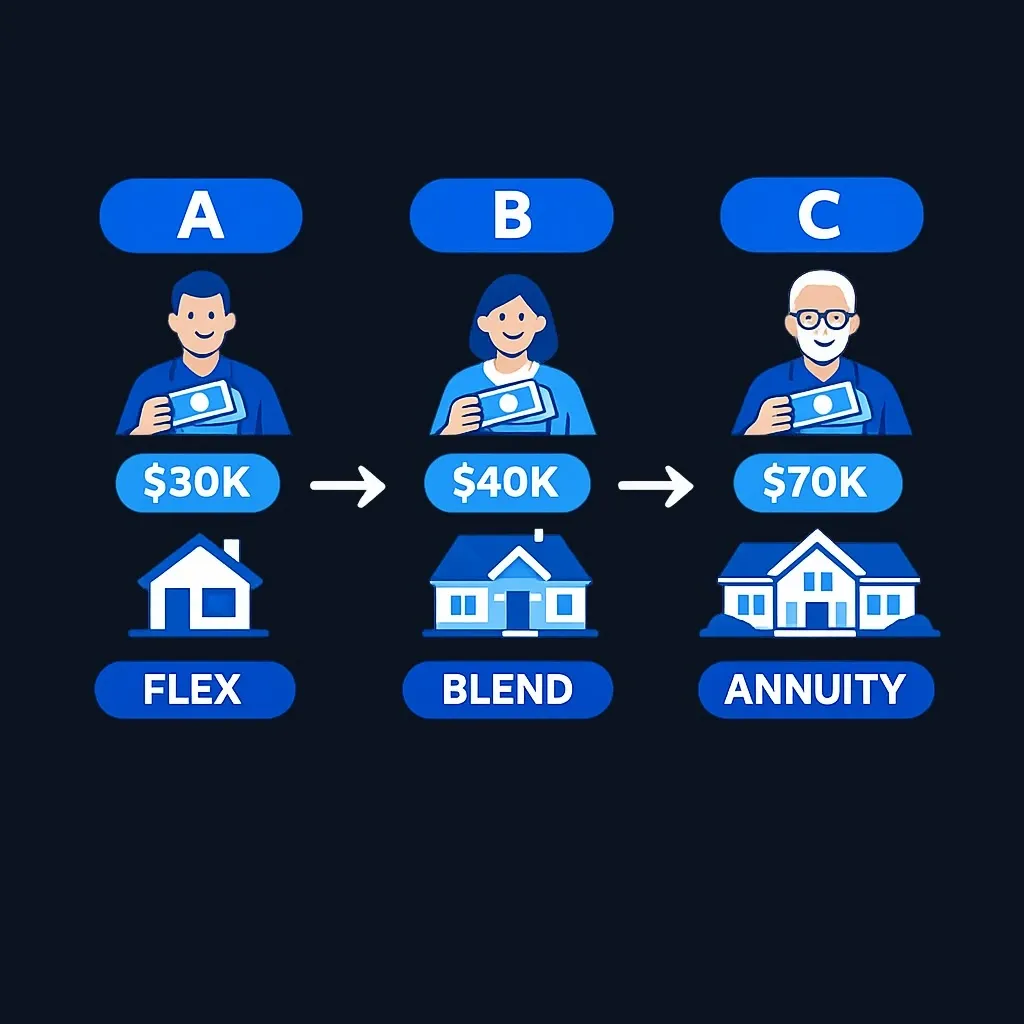 Three retirement scenario cases showing different withdrawal amounts and strategies